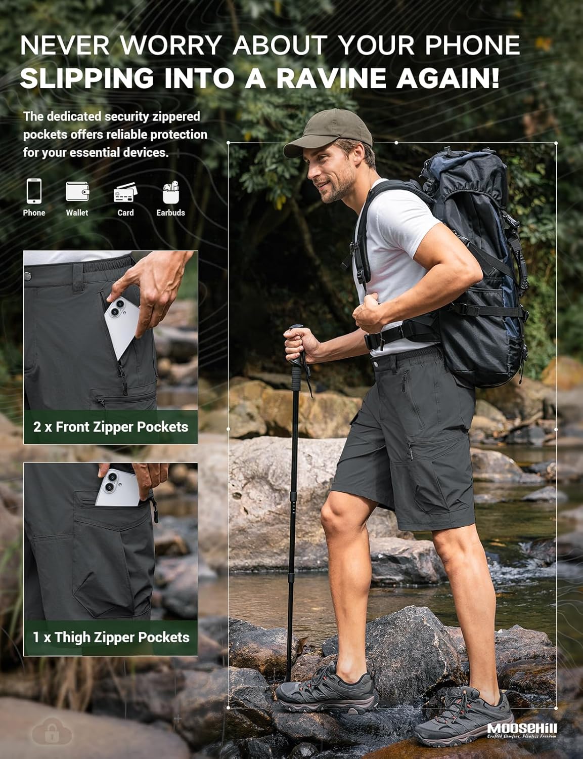 Moosehill Men's Hiking Shorts - Lightweight, Quick-Dry, Water-Resistant | 8-Pocket Design for Outdoor Adventures