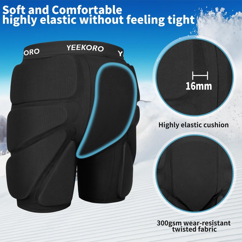 YEEKORO 3D Protective Padded Shorts for Snowboard, Ski and Skate, Protection Pads for Tailbone, Hip, and Butt, Crash Pad Impact Gear (M) Black