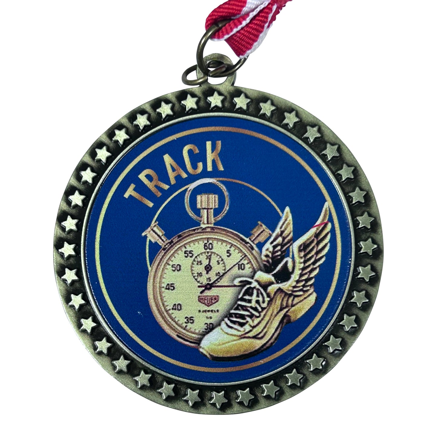 2-1/2 Inch Die-Cast Metal Track Award Medal with Antique Gold Finish and Red White and Blue Neck Ribbon Trophy Medals Awards (Pack of 1)