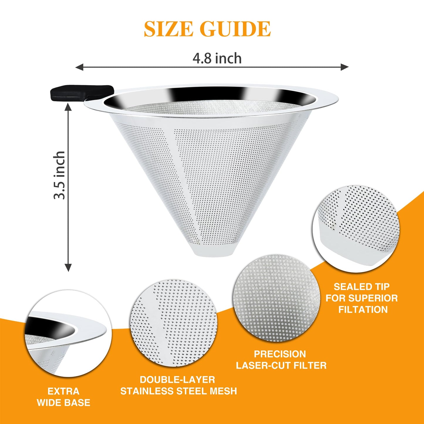 Pour Over Coffee Dripper Slow Drip Paperless Coffee Filter, Double Mesh Stainless Steel Pour Over Coffee Maker for Single Cup Brew Reusable Cone Filter, Coffee Drip Cone, Fine Mesh Strainer(5-6 Cup)