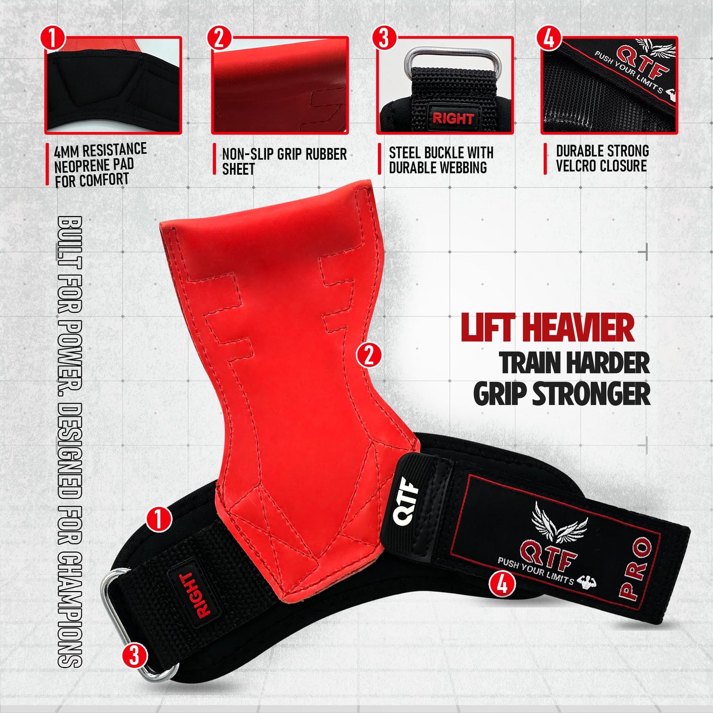 QTF Weight Lifting Grips (Pair) for Heavy Powerlifting, Wrist Straps for Deadlifts, Rows, Pull Ups, with Neoprene Padded Wrist Wraps Support and Strong Rubber Gloves or Straps for Bodybuilding. (Black, L)