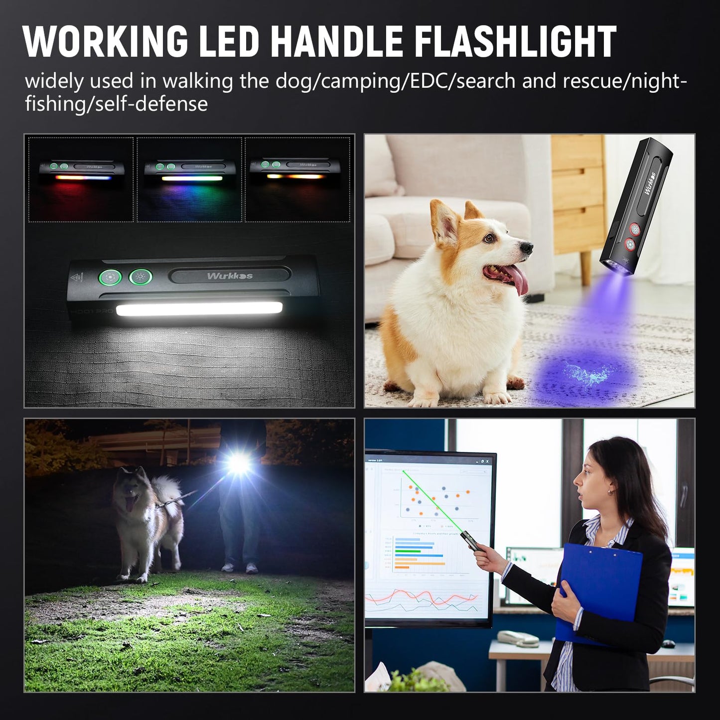 Wurkkos HD01 PRO 6-in-1 Flashlight with White Light UV Light&Green Light and Side Light,Working Handle Flashlight with Magnetic 1200LM for Outdoor Camping