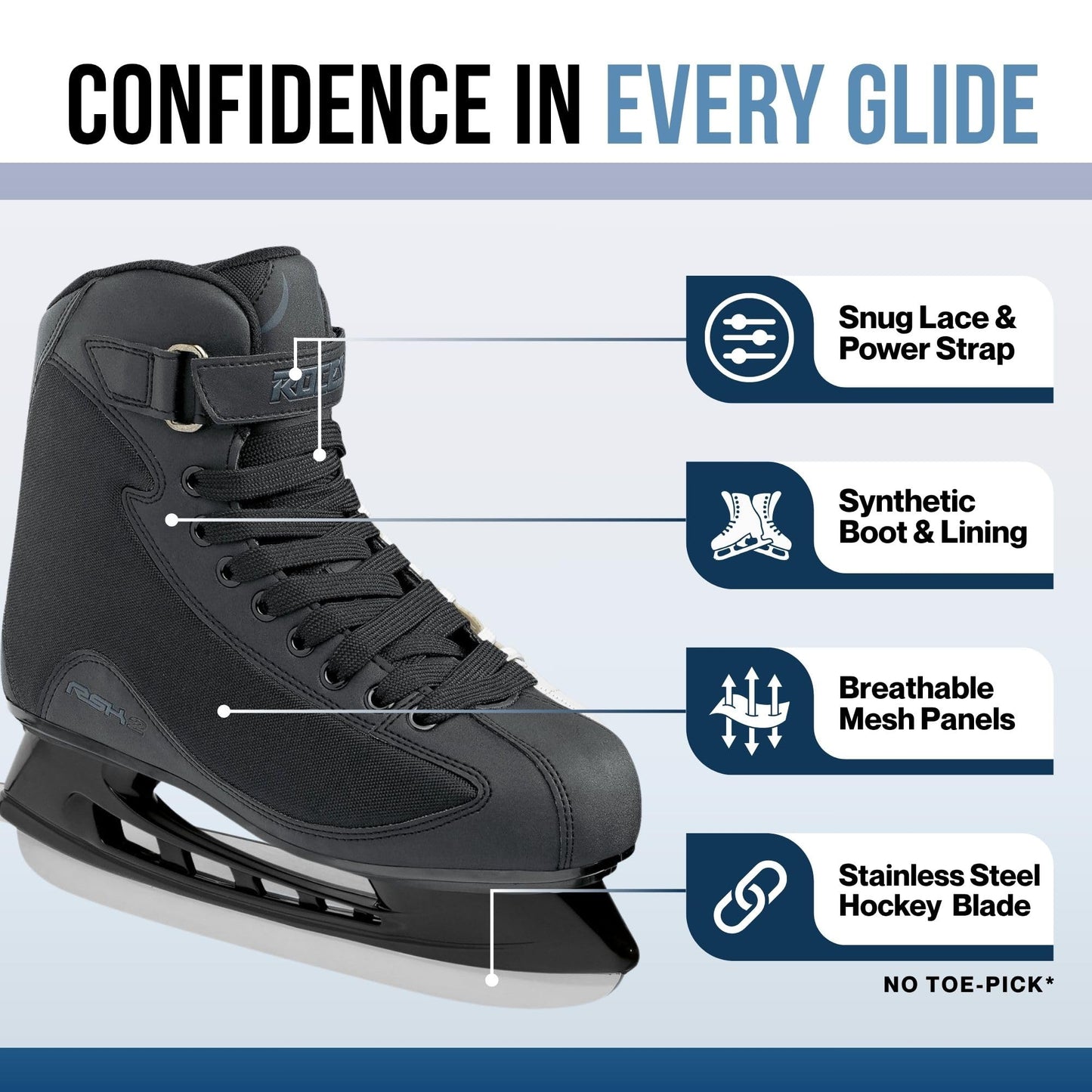 ROCES RSK 2 Ice Skates for Men, Classic Hockey Style Stainless Steel Figure Skates with Lace & Power Strap Closure System & Anatomic Padding Footbed for Comfortable Everyday Wear, Black