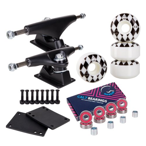 Cal 7 Skateboard Package Combo with 5 Inch / 129 Millimeter Trucks, 52mm 99A Wheels, Complete Set of Bearings and Steel Hardware (Black Truck + White Speedway Wheels)
