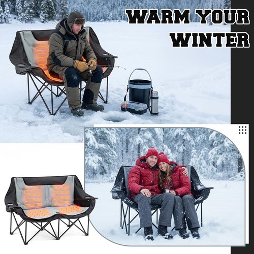 Low Double Heated Double Camping Chair for Adults, Oversized 660lbs Camping Chair with 4 Heating Zones & 3 Heat Levels Folding Seat with Padded for Outdoor Sports Lawn Hunting, Use 5v/3a Power Bank