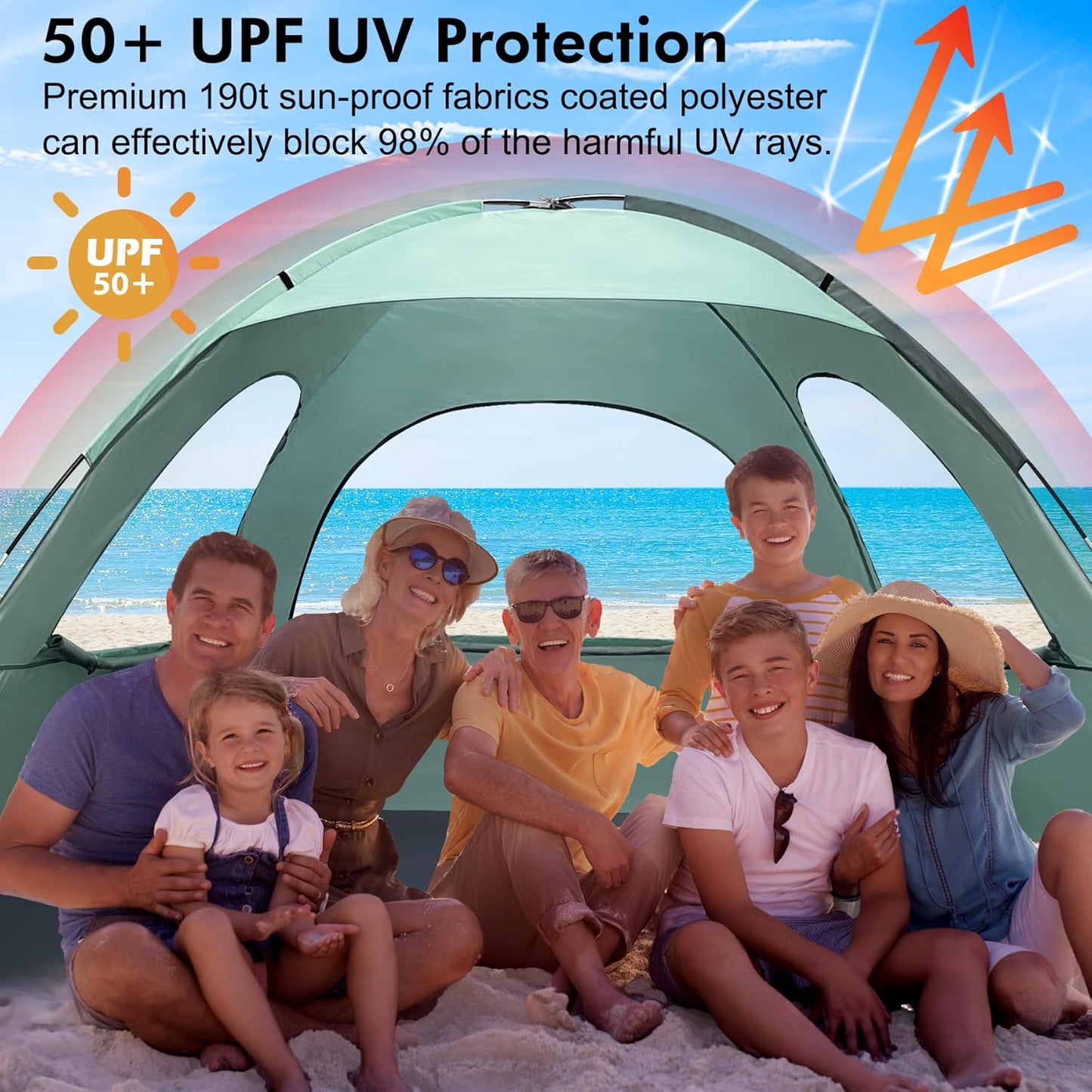 WhiteFang Beach Tent - Anti-UV Portable Sun Shade Shelter for 3-8 People | Extendable Floor & Ventilating Mesh Windows