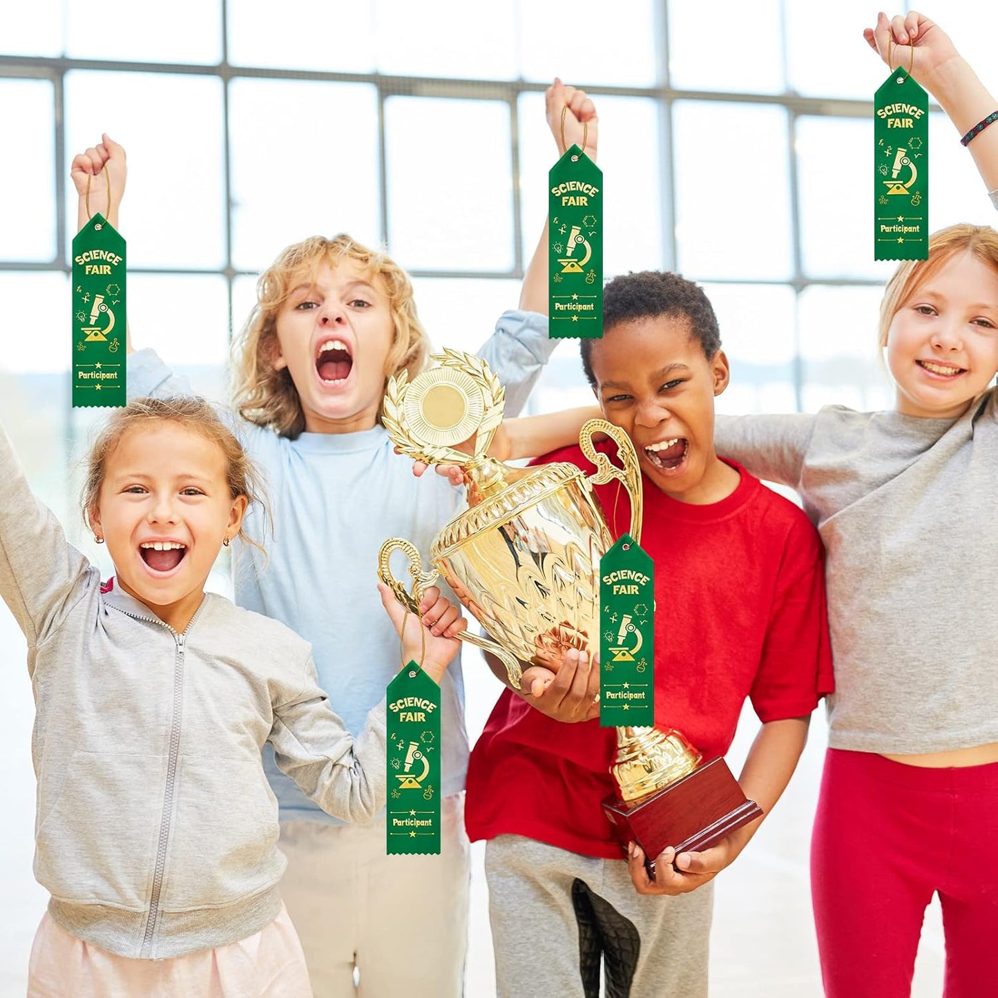 Taiyin 25 Pcs Science Fair Award Ribbons - Green Participation Prizes with Event Cards