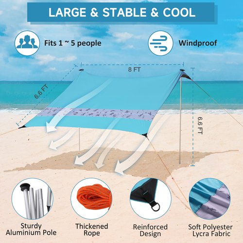 VILLEY Beach Tent Sun Shelter with UPF50+ Protection for 5 Person, 8x7FT Portable Sun Shade with 2 Stability Poles and 4 Sandbags, Outdoor Beach Canopy for Camping, Picnics, Fishing, Outdoors(Blue)
