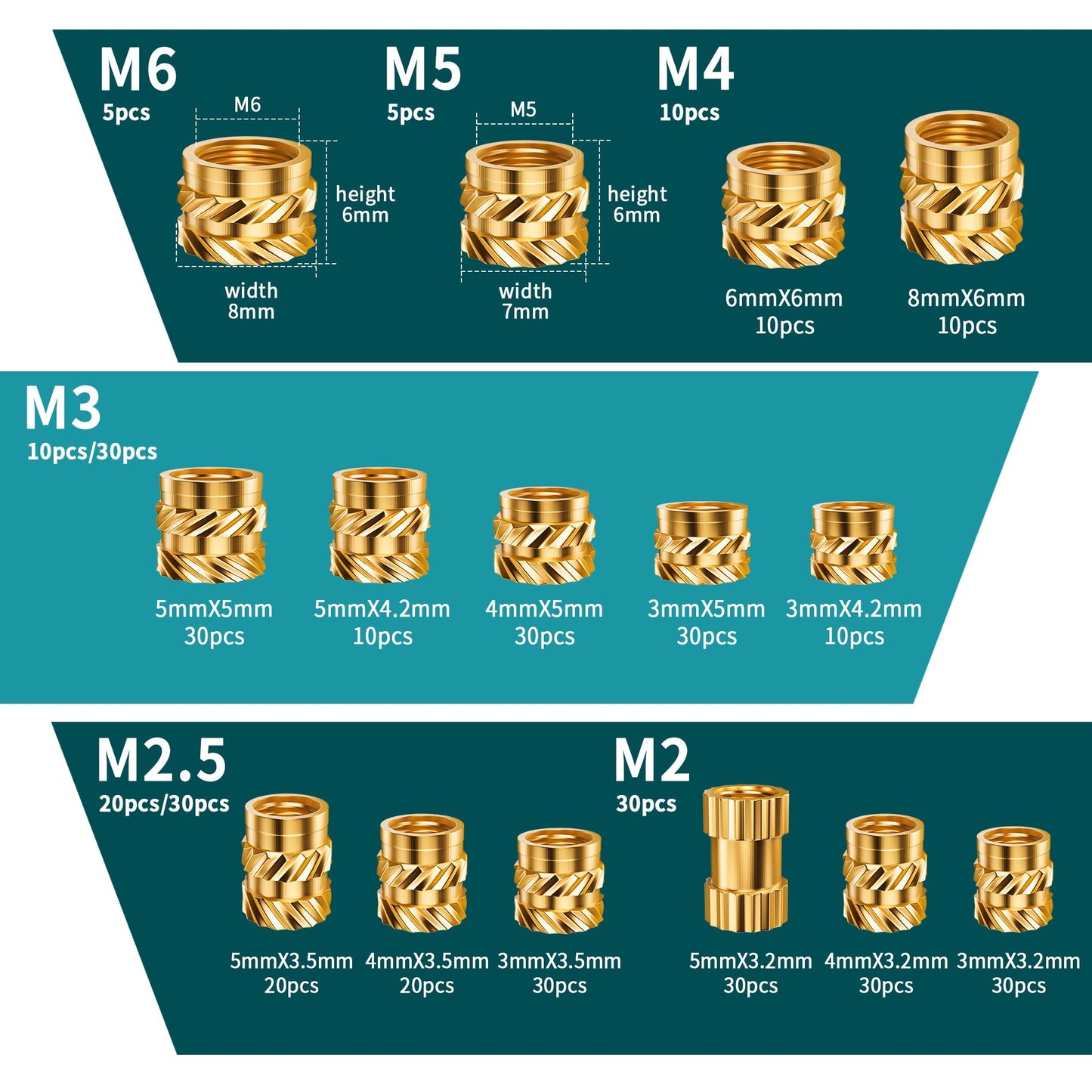ELCJDZYO 300Pcs Threaded Inserts M2 M2.5 M3 M4 M5 M6 Brass Heat Set Insert for Plastic and 3D Printing Components