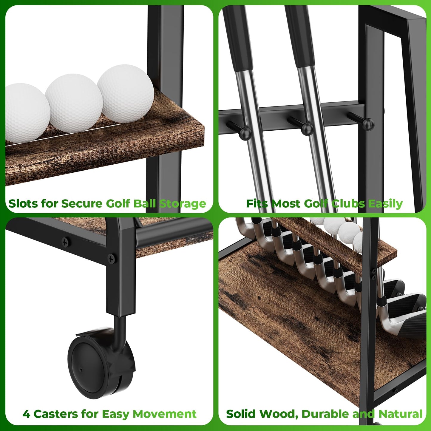 DEMEGA Golf Club Stand with Wheels, 8 Golf Club Holder & 9 Ball Rack, Matte Black Iron & Natural Wood Board Golf Club Organizer, Portable Golf Storage Rack for Garage Home Office Indoor Display