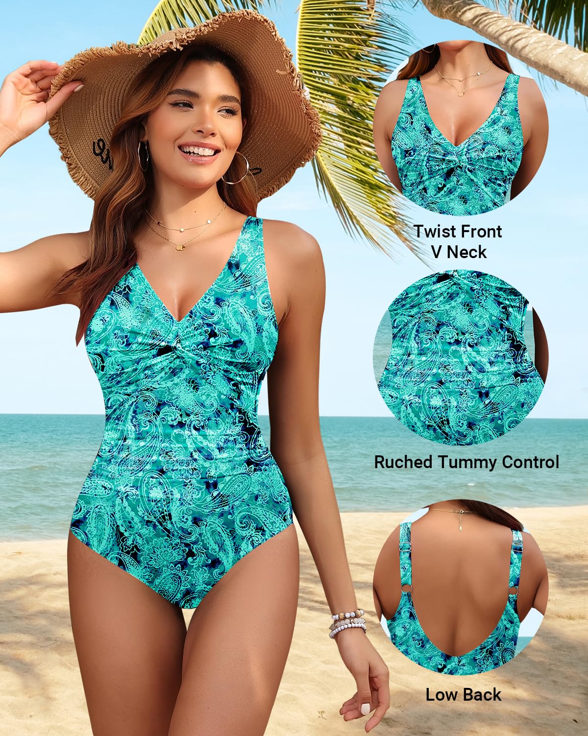 Green Paisley Tummy Control One Piece Swimsuit Full Coverage Bathing Suit L
