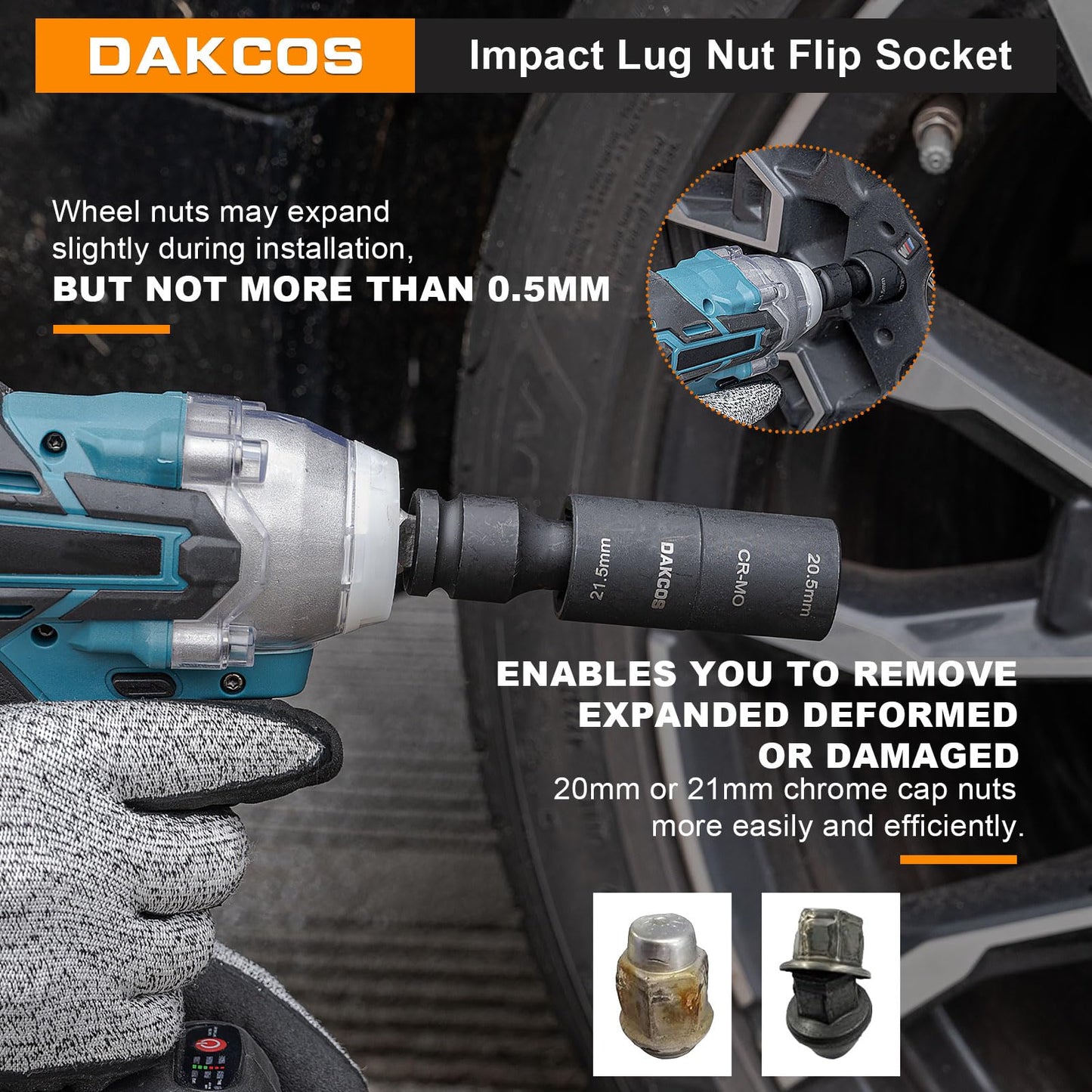 DAKCOS 1/2-inch Drive 20.5 x 21.5 mm Impact Lug Nut Flip Socket, Half Size Lug Nut Socket, CR-MO
