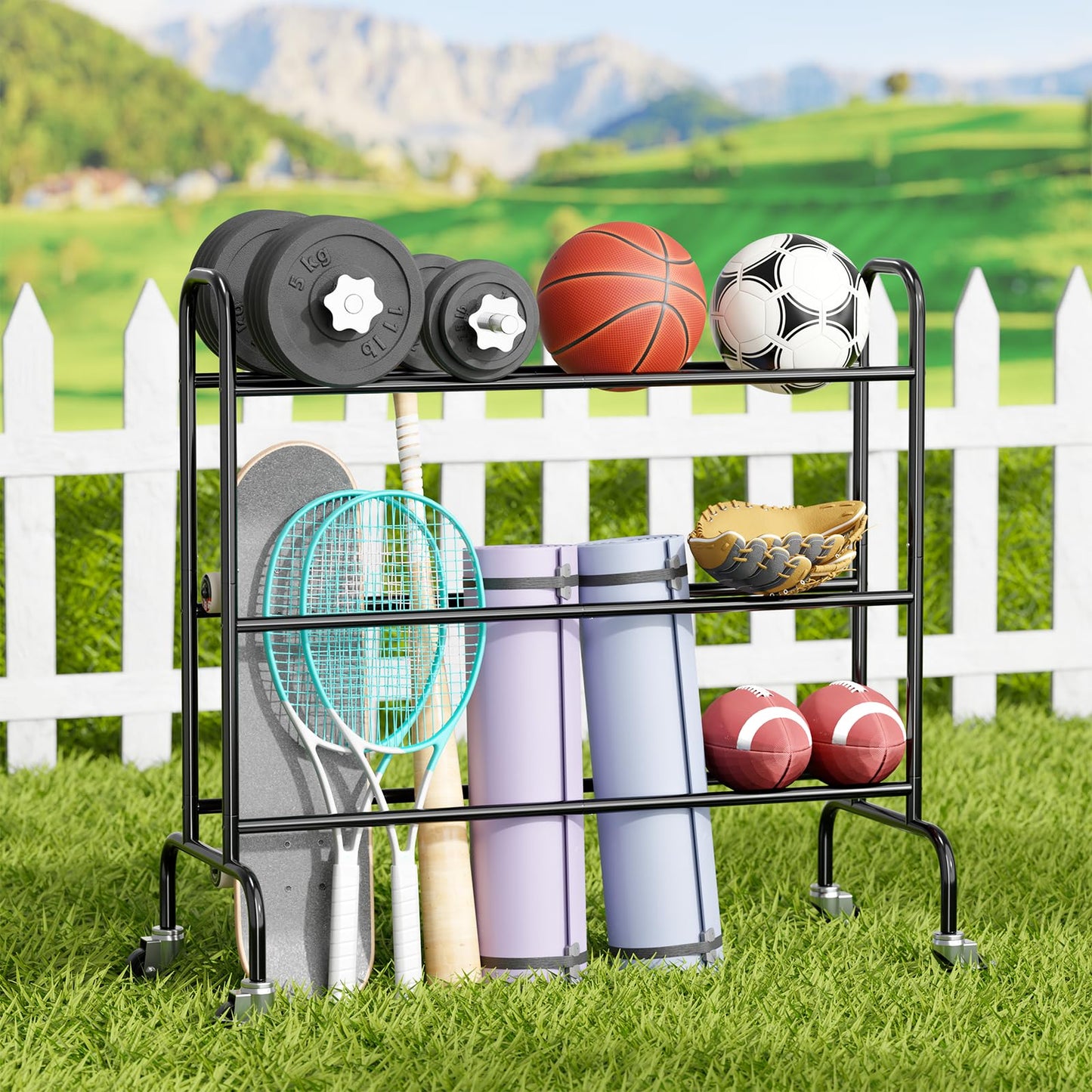 SUFAUY Sports Equipment Organizer, Garage Basketball Rack, Gear & Ball Storage Rack, Outdoor and Indoor Rolling Balls Cart with Wheels