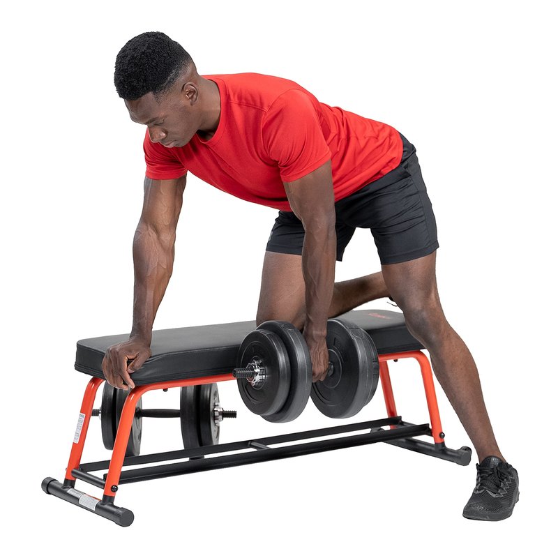 Sunny Health & Fitness Power Zone Strength Flat Bench with Dumbbell Rack and Transport Wheels - SF-BH6996, Black