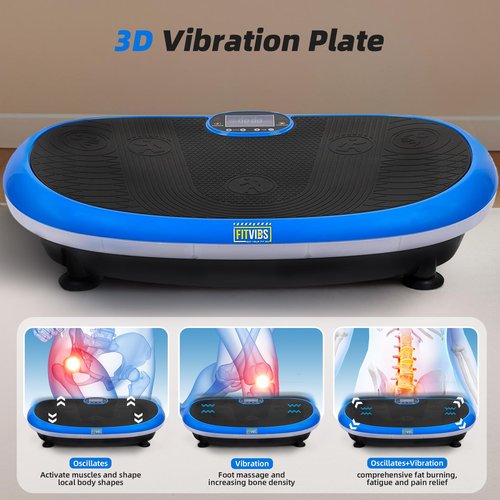Fitvids Vibration Plate Exercise Machine Workout Vibration Fitness Platform with Resistance Loops and Resistance Band – 3D – 3D-Black – Blue/Black