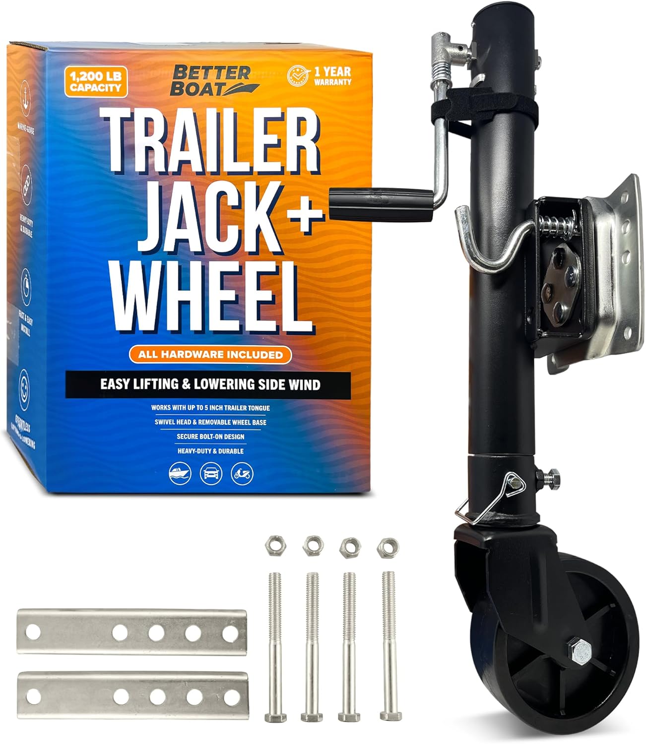 Better Boat Boat Trailer Jack - Heavy Duty 1200 lb Folding Tongue Jack with Wheel for RV & Utility Trailers