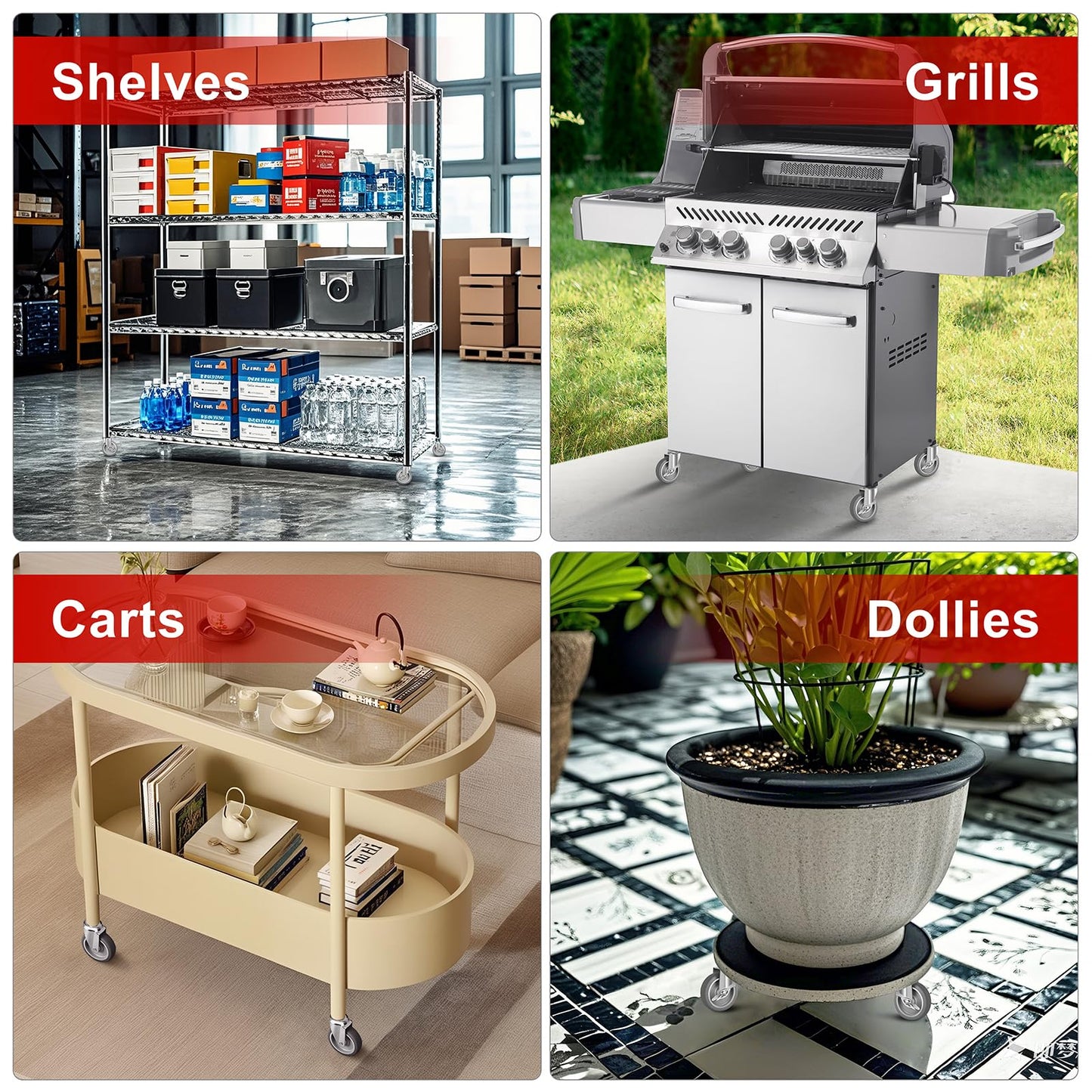 4 Inch 3/8-16x1 Threaded Stem Caster Wheels with Brake, Set of 4 Heavy Duty Locking Wheel, TPR Soft Quiet Swivel Casters for Cart, Furniture and Shelving