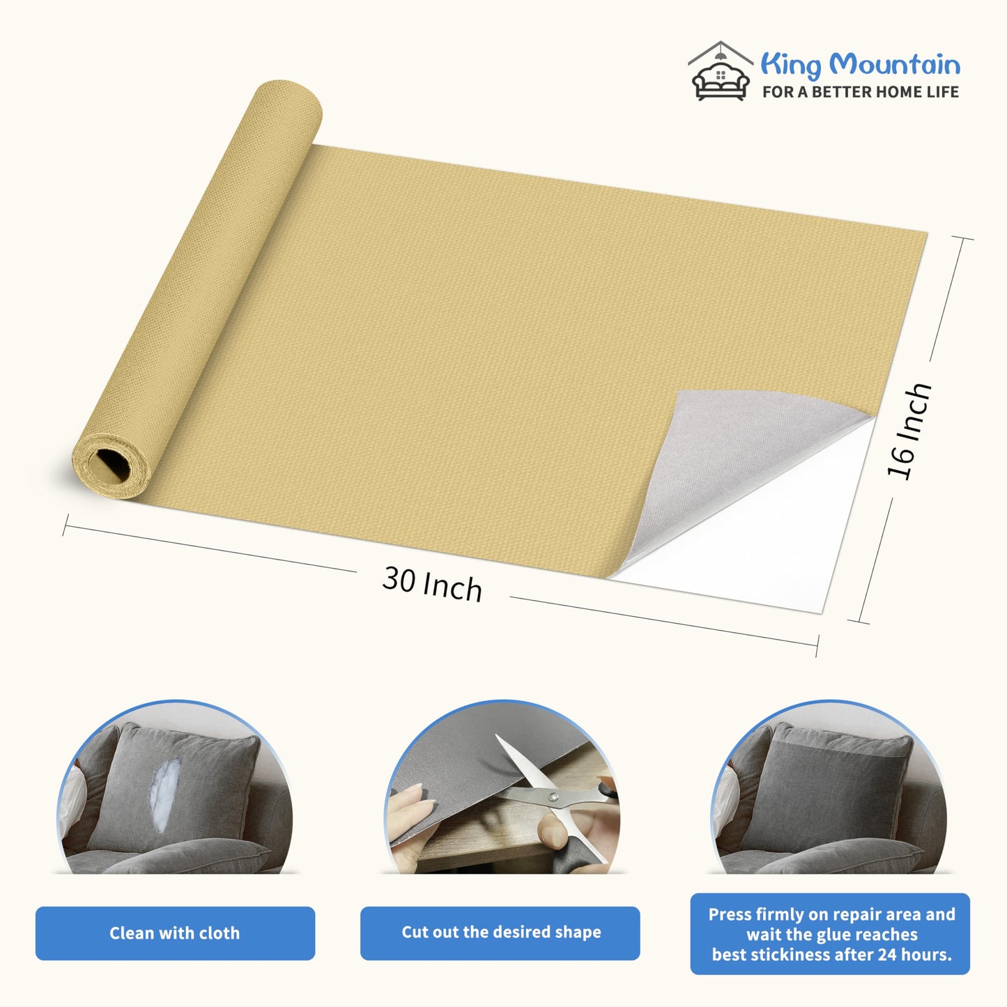 KING MOUNTAIN Canvas Repair Patch 16×30 Inch Self-Adhesive Waterproof Fabric Patch for Sofas, Tents, Furniture,Tote Bags, Car Seats (Beige-1)