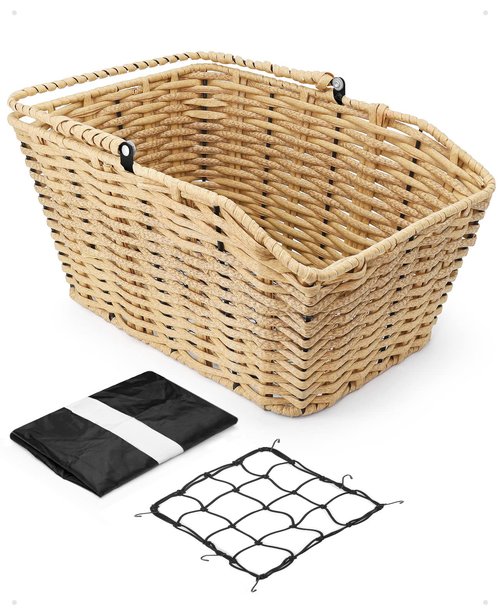 ANZOME Bike Basket Rear, Woven Rectangular Bike Basket with Waterproof Cover & Cargo NetMount on The Back Seat Fits for Most Rear Bike Racks