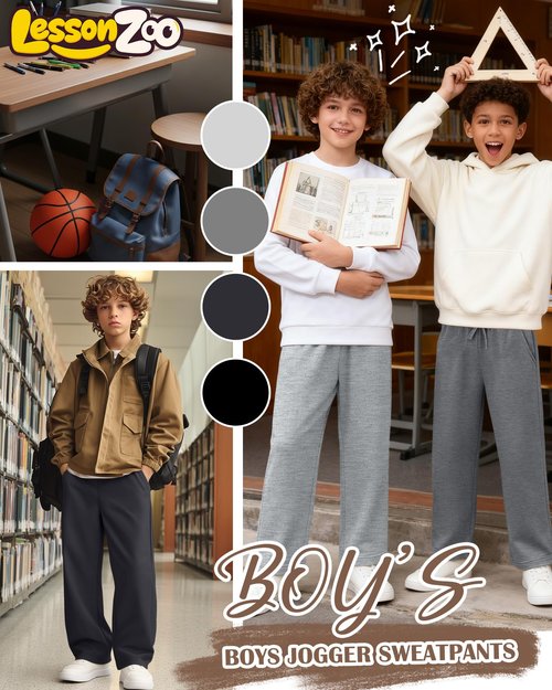 LessonZoo 4 Pack Boys Sweatpants Straight Leg Open Bottom Athletic Joggers Lightweight Elastic Waist Pants with Pockets(Black, Dark Gray, Heather Gray, Light Heather Gray,13-14 Years)