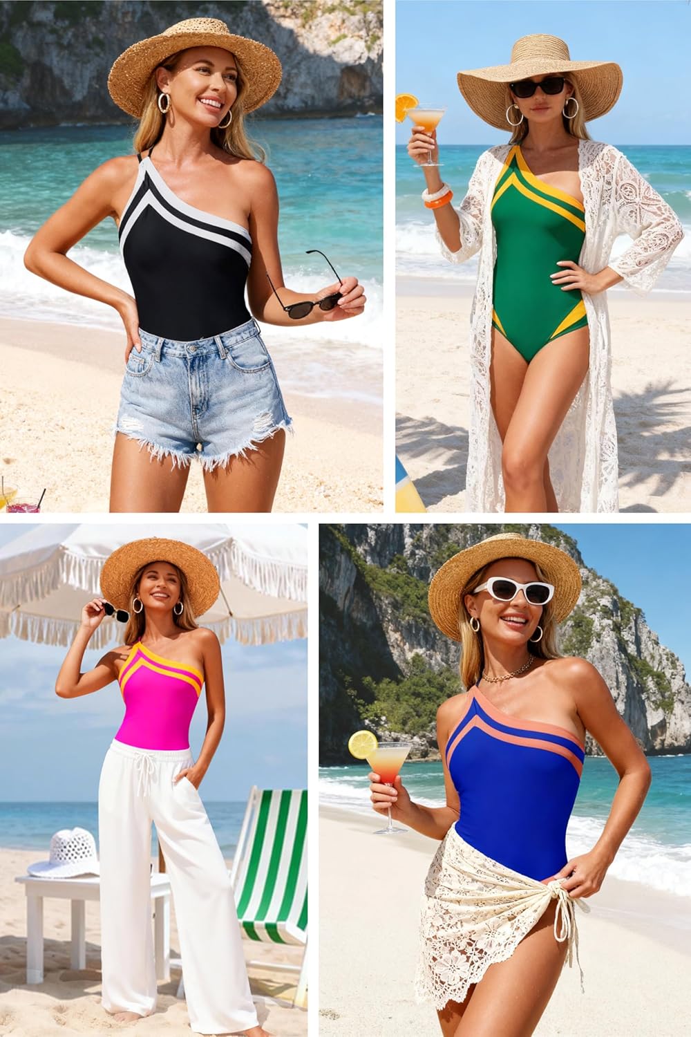 Skiennix Women's One-Piece Swimsuit - One Shoulder Tummy Control | Flattering Color Block Design