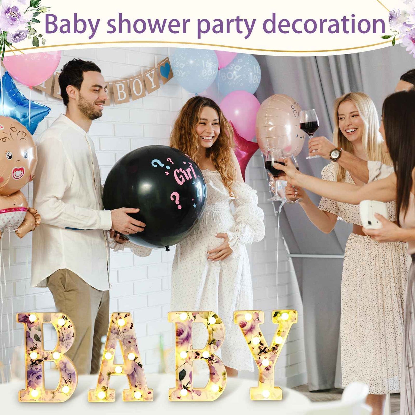 Realspring Woodland Greenery Centerpieces Baby Marquee Light up Sign Letters 8.26'' Baby Shower Letter Battery Operated Gender Reveal Birthday Party Decor for Home Table (Purple)