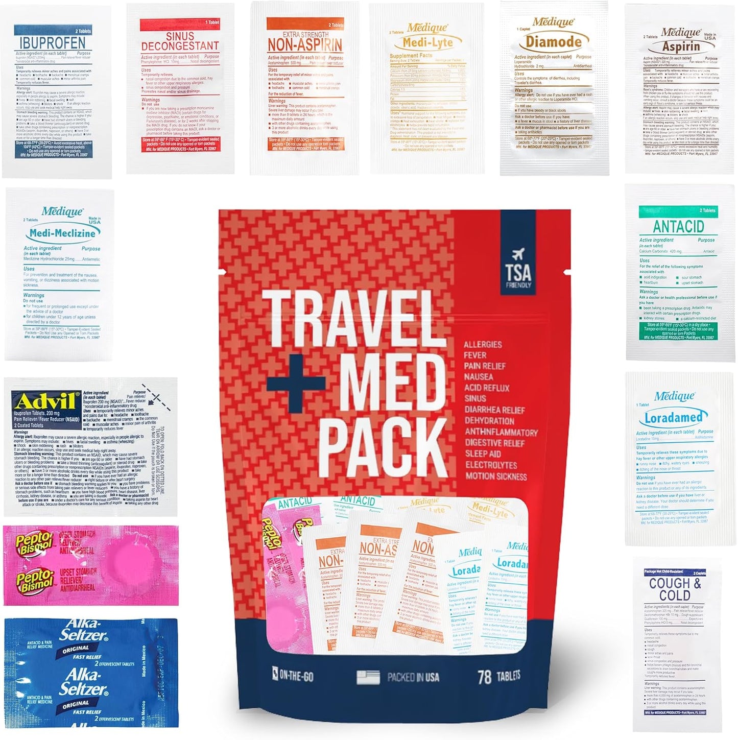 Travel Medicine Kit - 78-Piece TSA-Friendly Med Pack | Essential Individually Wrapped Medications for Travel