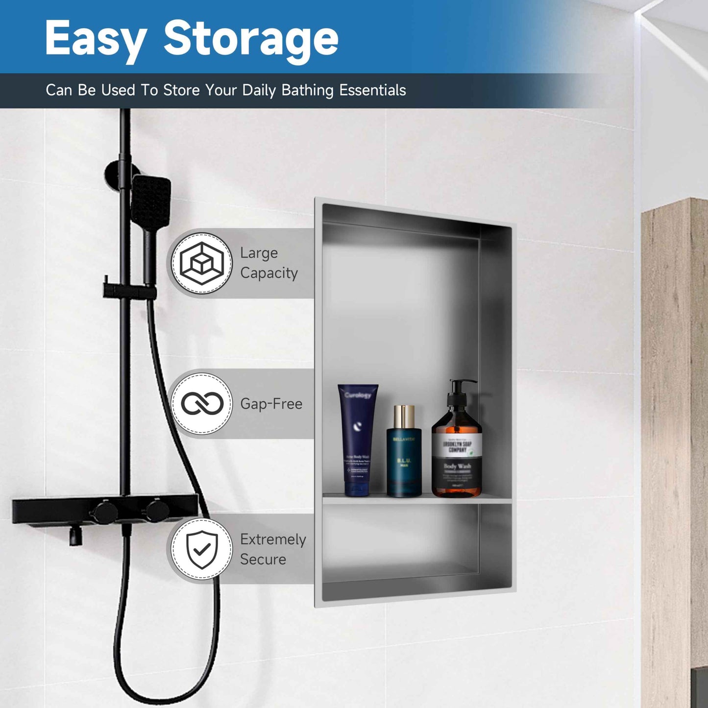 BATHFINESSE Shower Niche Insert Tile Ready, Bath Niche 13 × 25 Double Shelves, Recessed Niche Shower for Bathroom Storage, Brushed Nickel