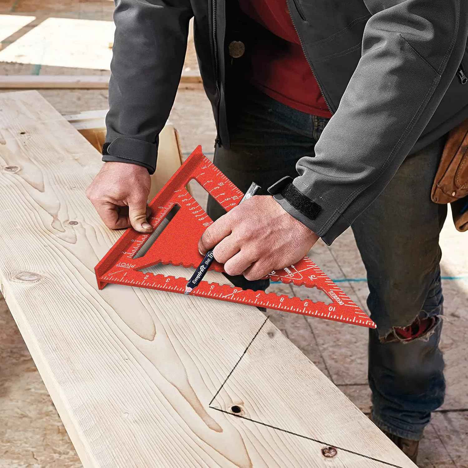 Beslands Aluminum 12-inch Rafter Square Carpenter Measuring Layout Tool Alloy Metal Triangle Ruler Imperial Protractor for Woodworking and Carpentry Red