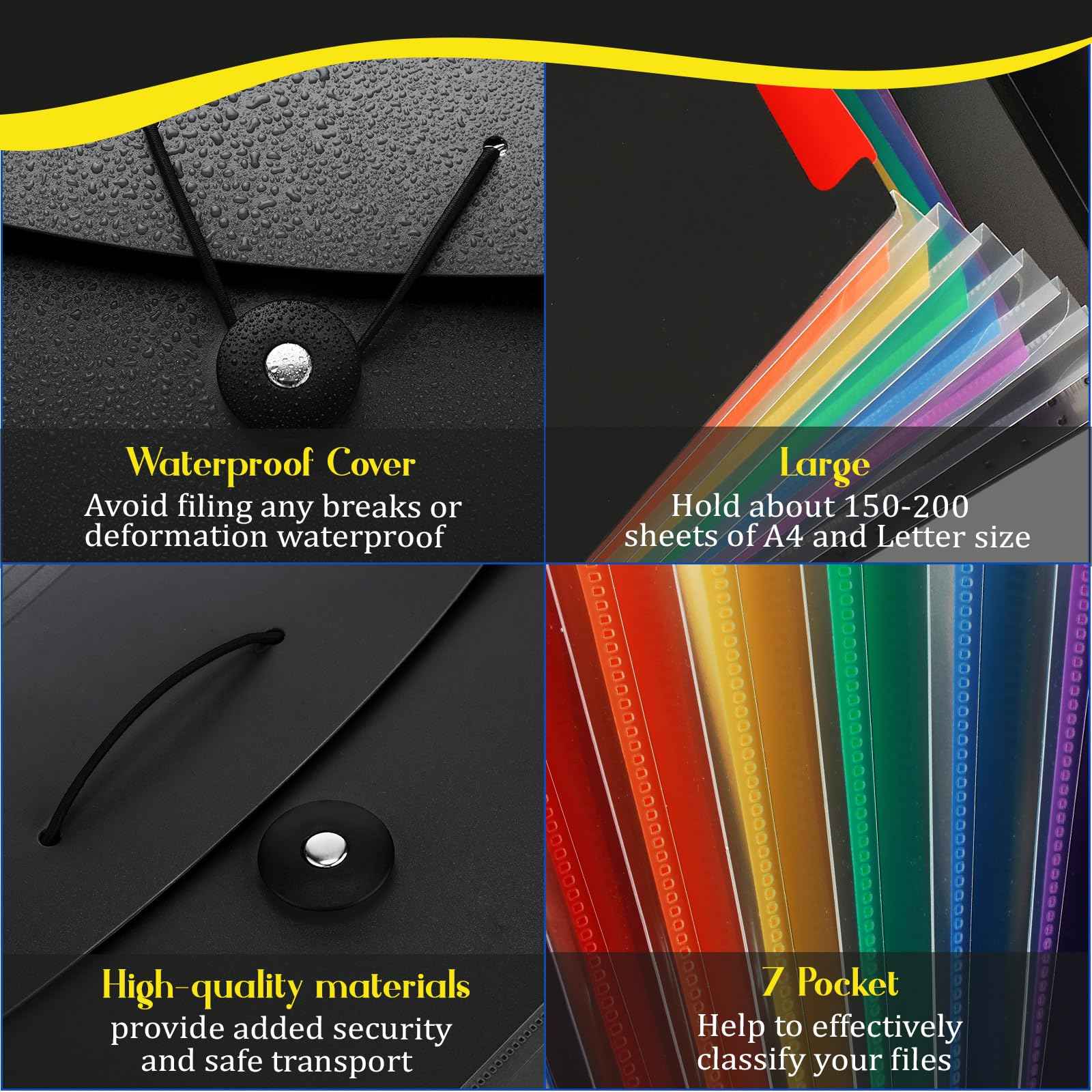 Glenmal 10 Pcs 7 Pocket File Folders File Organizer Expanding Folder with Labels Plastic Expandable Folder Pocket Folder A4 Letter Size Paper Organizer Folder for Office(Black)