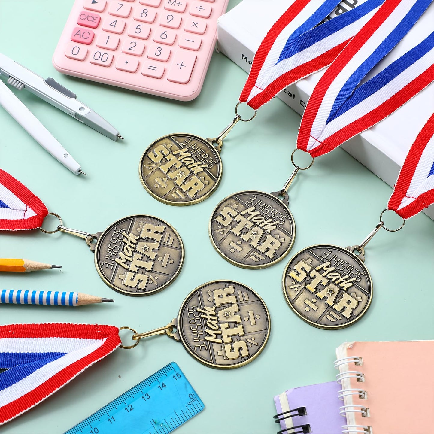 Quelay 30 Pcs 2 Inches Student Award Medals Bulk Awards Medal with Neck Ribbons Metal Trophy Prize Gift for Tournaments, Competitions, Party, Kids and Adults(Math Star Medals)