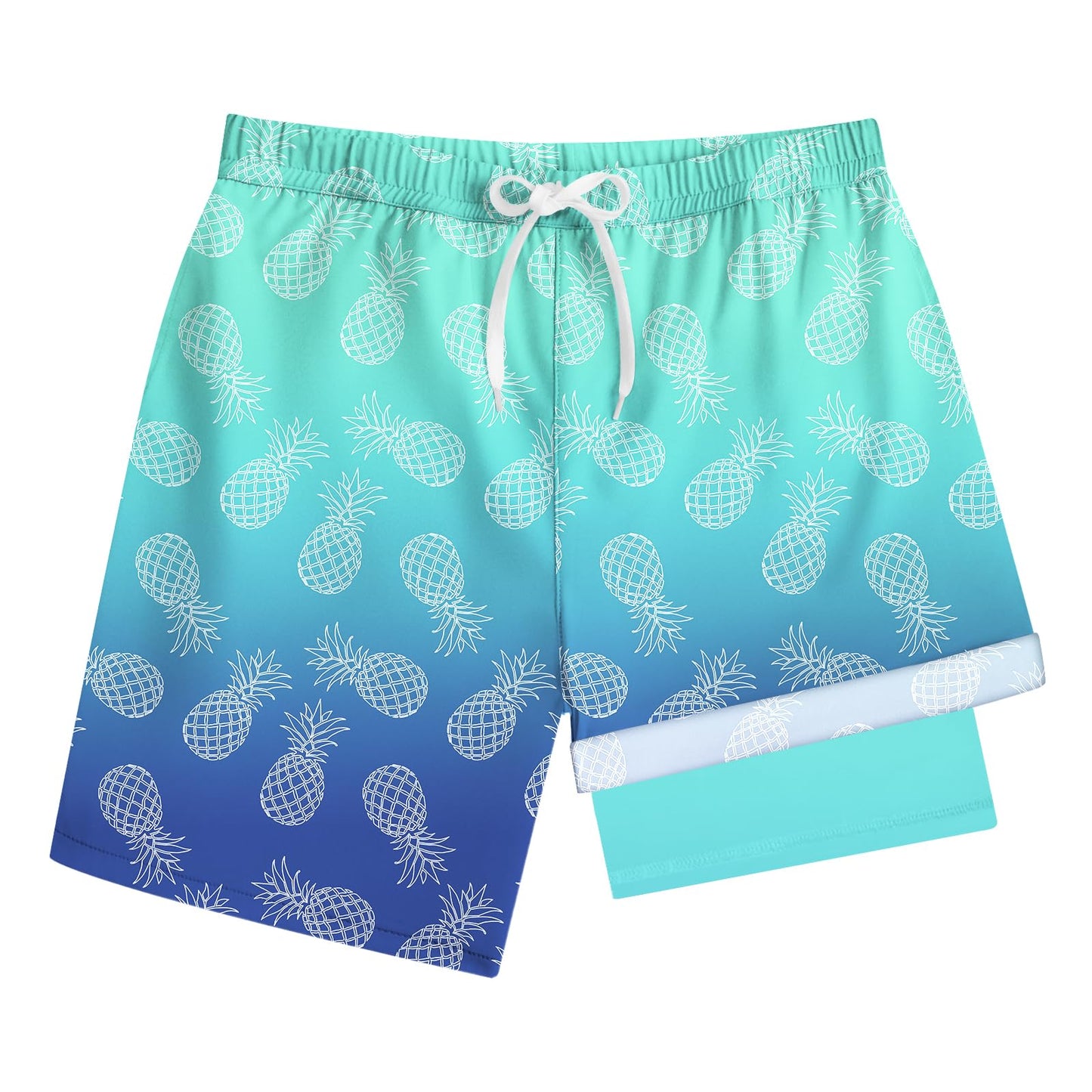 HOOGRIN Boys Swim Trunks with Compression Liner Toddler Boy Stretch Swim Shorts Quick Dry 2 in 1 Beach Shorts,Blue Shark,14-16 Years