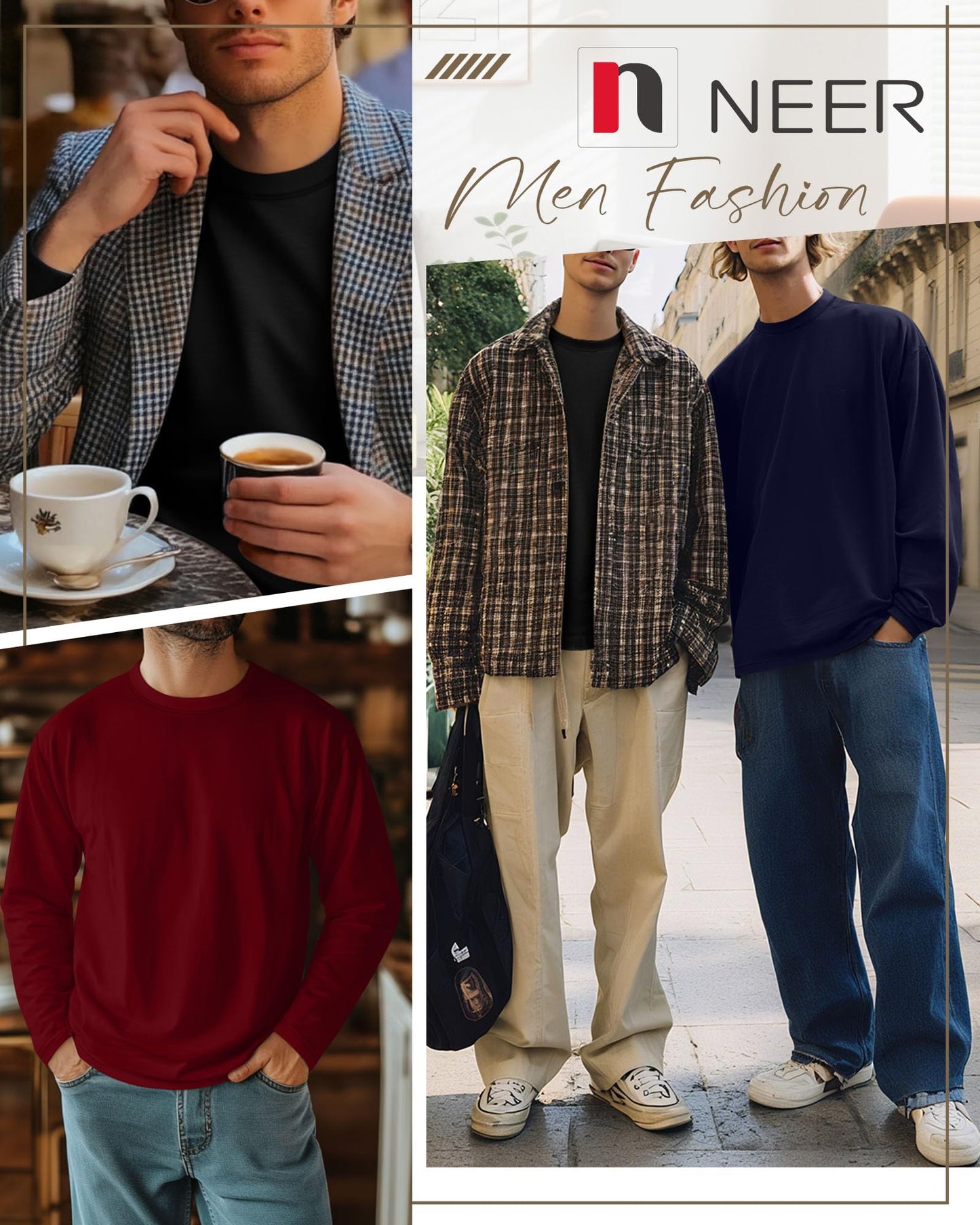 Neer 4 Pack Mens Big and Tall Shirts Cotton Long Sleeve Crewneck Casual Tops Plus Size Basic Tee Shirts Multipack(Black, White, Navy Blue, Wine Red,5X-Large)