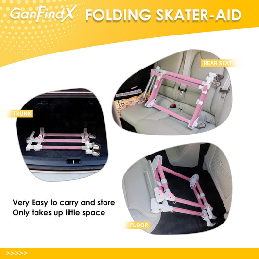 GanFindX Folding Skater Aid for Kids Roller Skating, Aluminum Roller Skate Trainer for Children Toddler Adjustable Height Training Walker (Pink