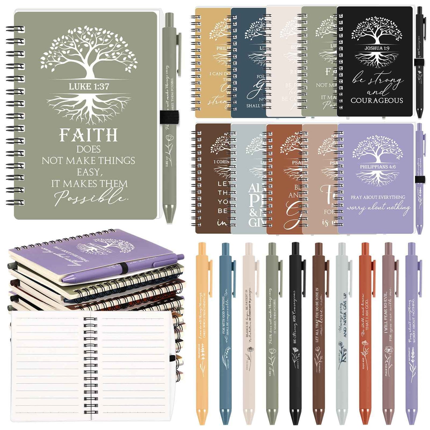 Kosiz 60 Pcs Christian Gift Bulk Prayer Journal Bible Verse Spiral Notebook with Ballpoint Tree of Life Religious Gift for Church Clergy Pastor Appreciation Sunday School Teacher (Neutral Color)