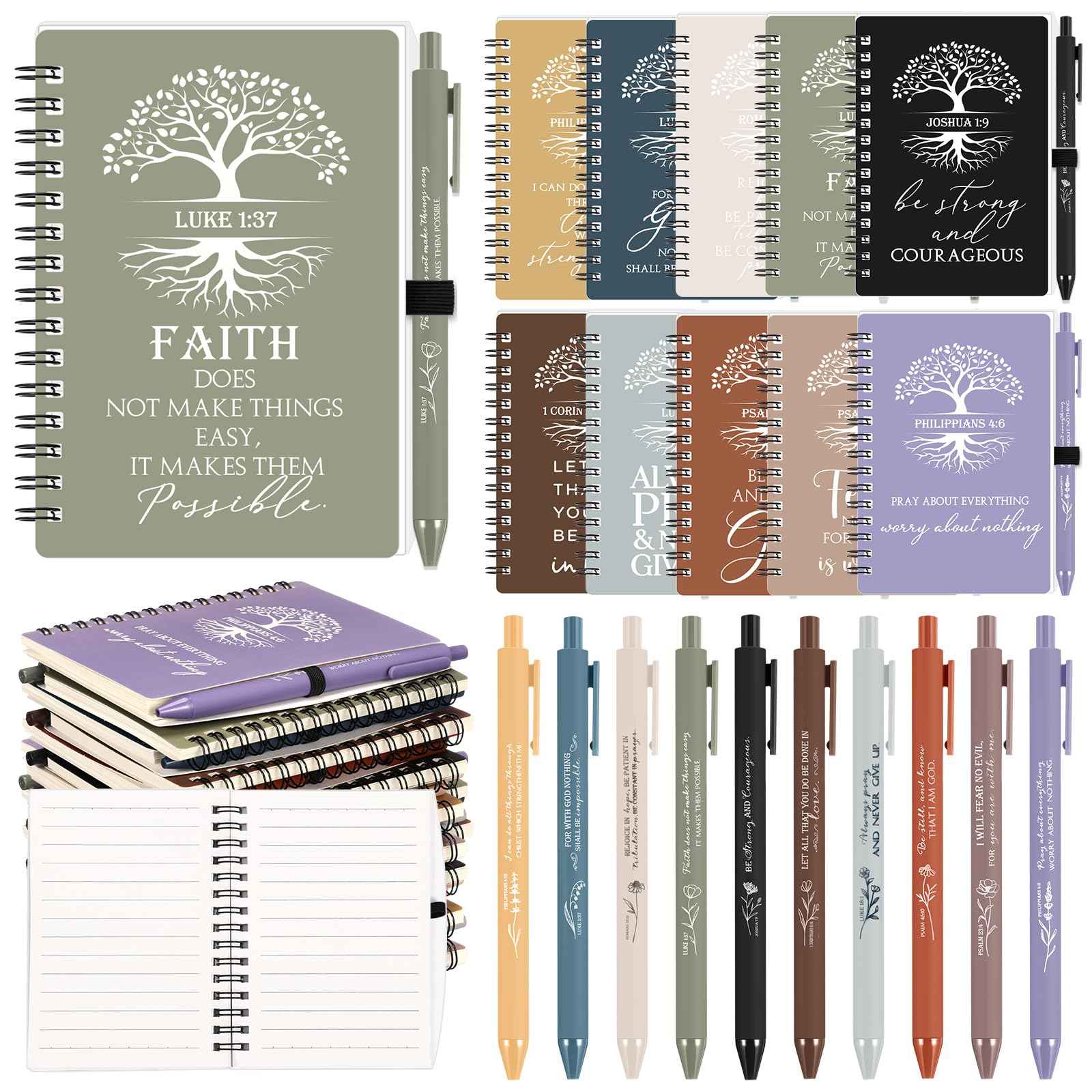Kosiz 60 Pcs Christian Gift Bulk Prayer Journal Bible Verse Spiral Notebook with Ballpoint Tree of Life Religious Gift for Church Clergy Pastor Appreciation Sunday School Teacher (Neutral Color)