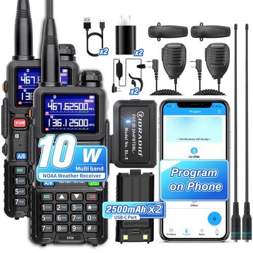 Baofeng 5RM Handheld Ham Radio 10W Long Range Walkie Talkies with Wireless Programmer,NOAA Weather Radio,2500mAh USB-C Battery,Long Antenna,Speaker Mic,999CH for Survival Gear Hunting Camping - 2Pack