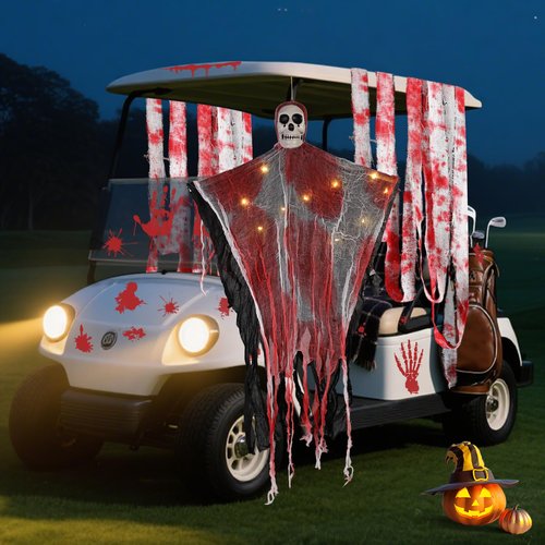 Halloween Golf Cart Decoration Kit Bloody Theme Include Blood Handprint Stickers, Blood-Stained Cloth Strip & Hanging Swing Ghost with Lights for Spool-tacular Rides