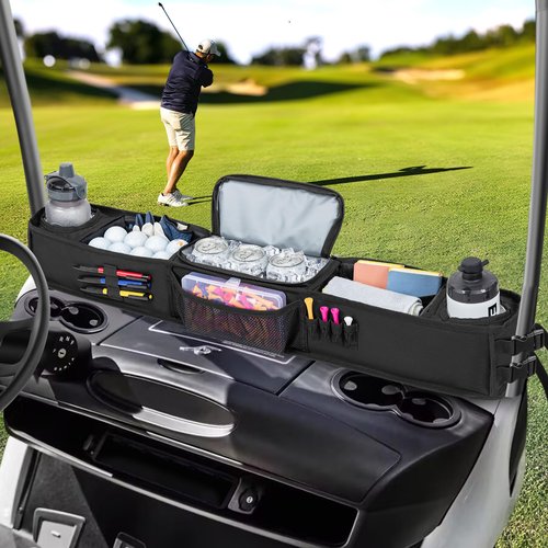 PGmoon Golf Cart Storage Tray, No-Drilling Front Storage Basket Compatible with EZGO, Club Car, Kandi Golf Carts, Organizer with Cooling Compartment (Patent Design)