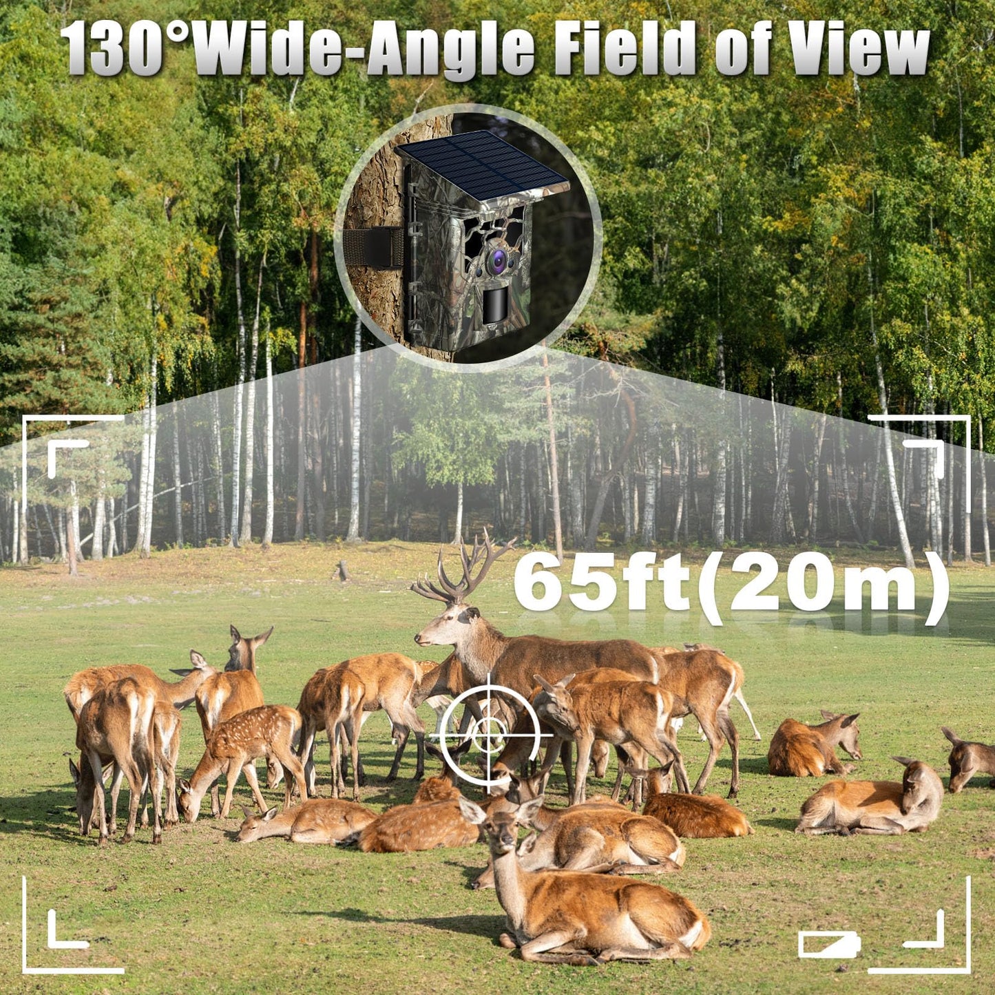 Zelvor Trail Camera Solar Powered 4K 46MP, WiFi Bluetooth Game Camera with 32GB Memory Card, 130° Wide Angle, Motion Activated 0.3s Trigger, IP66 Waterproof No Glow Night Vision