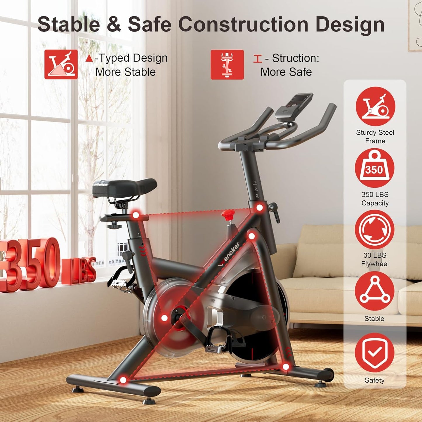 Wenoker Exercise Bike for Home – 350LB Indoor Cycling Bike, Silent Stationary Spin Bike with App Sync, Adjustable Seat, LCD Monitor, Smooth & Quiet for Cardio Workout