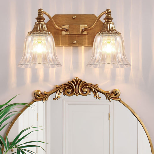 DvmTeom Gold Vintage Bathroom Light Fixtures, 2-Lights Bathroom Vanity Light, Antique Brushed Gold Lighting Fixtures Over Mirror with Crystal Glass Shade, Wall Sconce Lighting