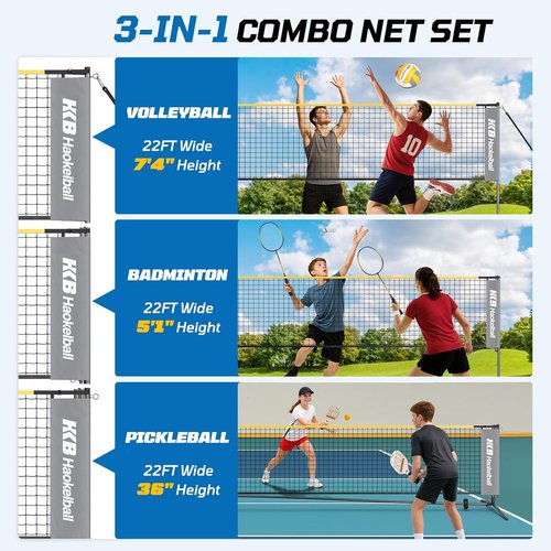 Haokelball Badminton Volleyball Pickleball Net Set - 22FT Portable All-in-One System with Adjustable Height, Includes Balls & Rackets