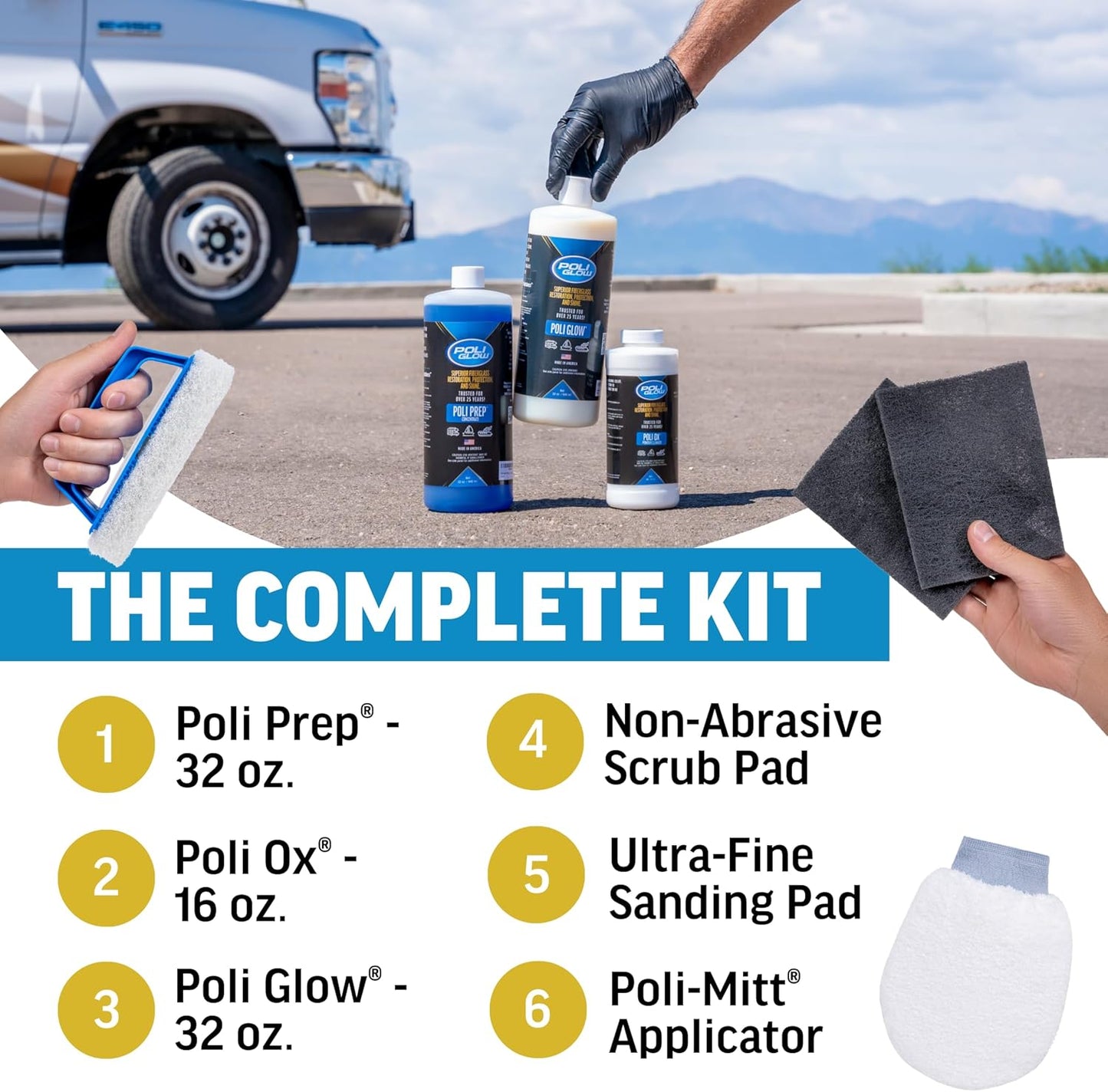 Poli Glow Deluxe Boat & RV Restoration Kit - Removes Oxidation & Seals - Restores High-Gloss Shine to Fiberglass & Gelcoat - Easy 6-in-1 System