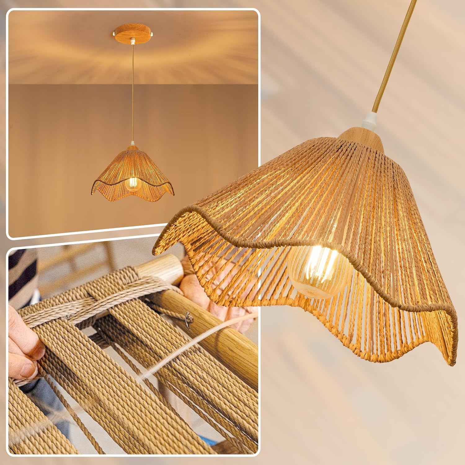 Rattan Chandelier Pendant Lights - 3 Pack Adjustable Height Boho Farmhouse Ceiling Fixtures for Kitchen & Dining Room