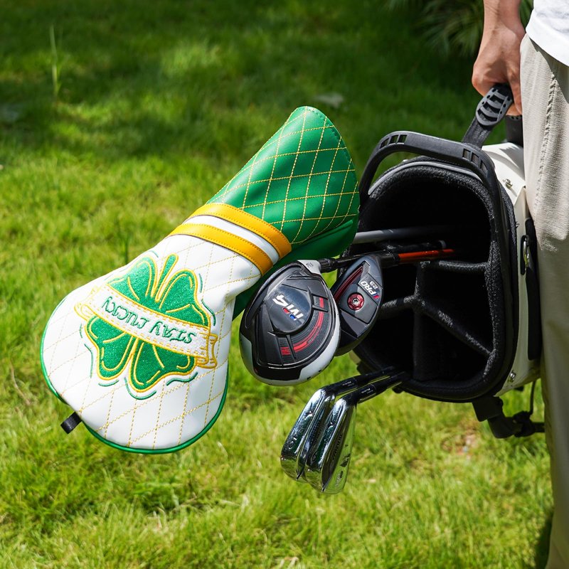 Golf Club Cover Clover Driver Headcover Lucky Golf Head Cover Premium Leather Golf Driver Headcover, Green Clover Design Stay Lucky Club Cover