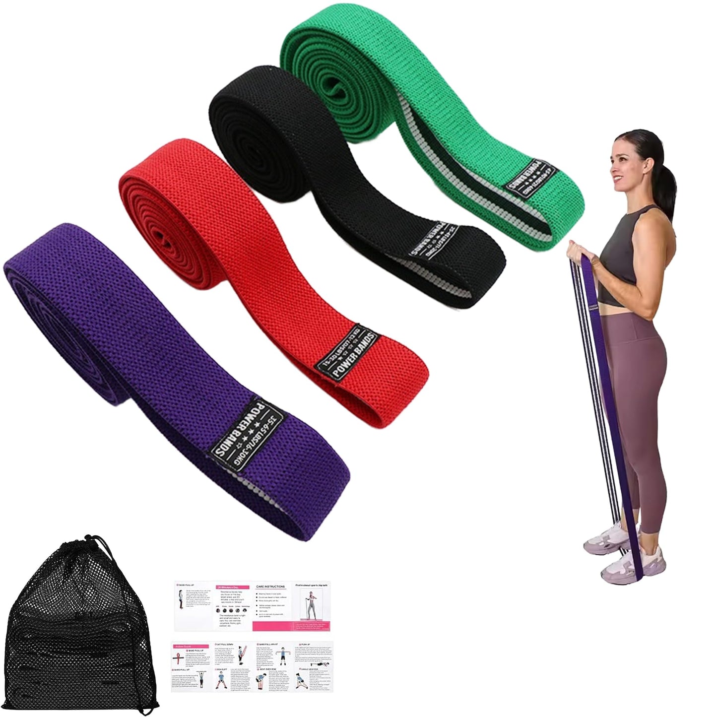 Resistance Bands for Working Out, Fabric Exercise Bands Set of 4, Long Elastic Bands for Exercise with Workout Guide and Carry Bag, Fitness Bands for Strength Training, Yoga, Pilates, Home Workout