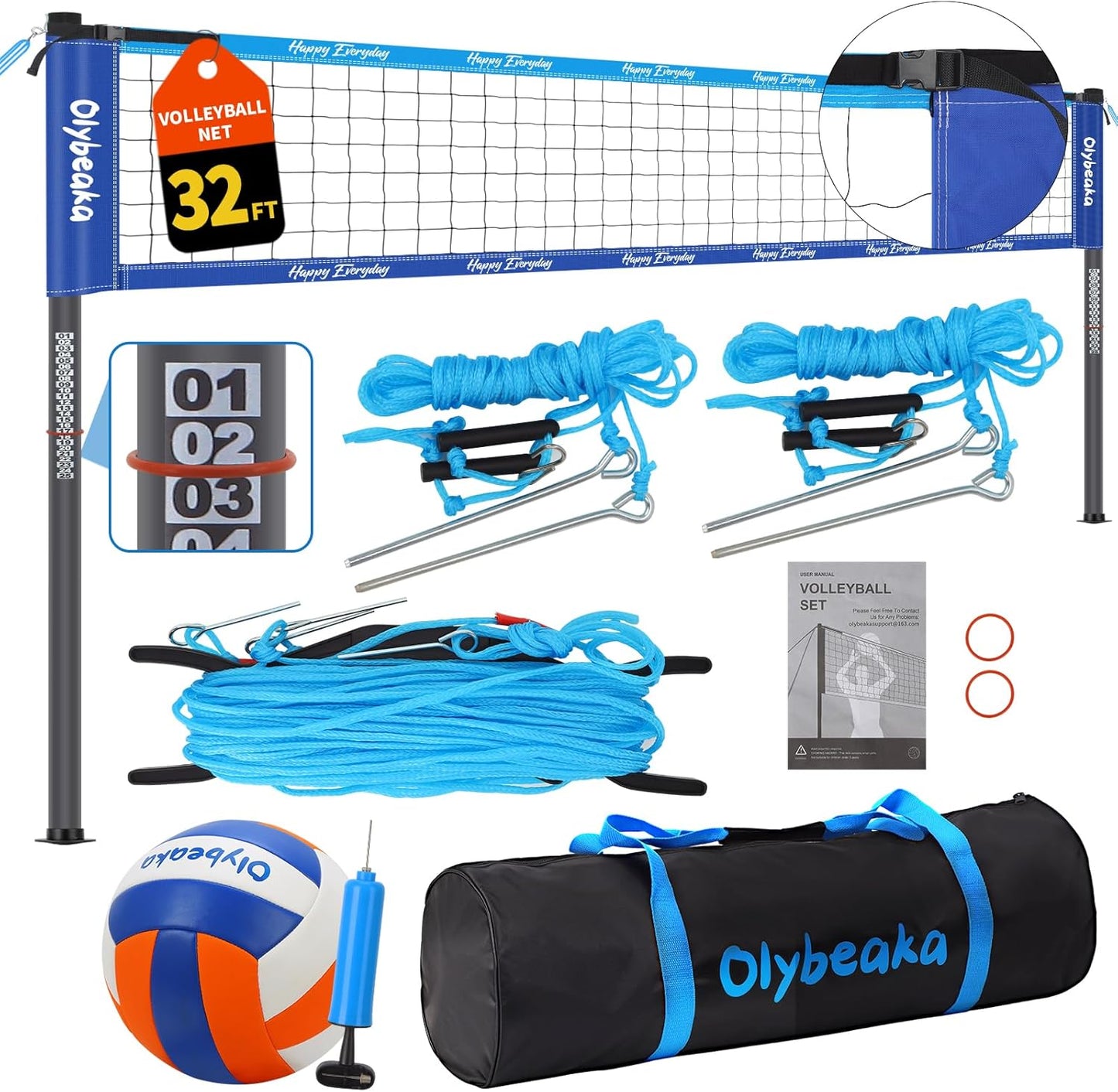 Skiennix Portable Outdoor Volleyball Net Set - Heavy Duty Poles, Durable Net & PU Volleyball | 32ft Blue