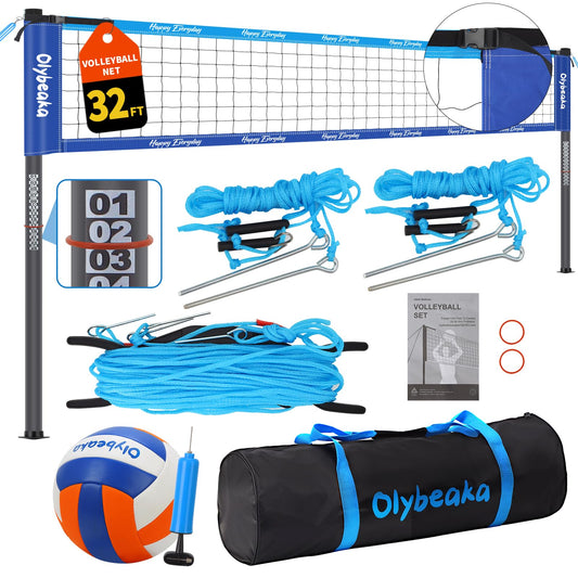 Outdoor Portable Volleyball Net Set for Backyard Beach with Adjustable Heavy Duty Poles, Durable Net, PU Volleyball & Pump, Carry Bag (Dark Blue and Light Blue, 32ft)