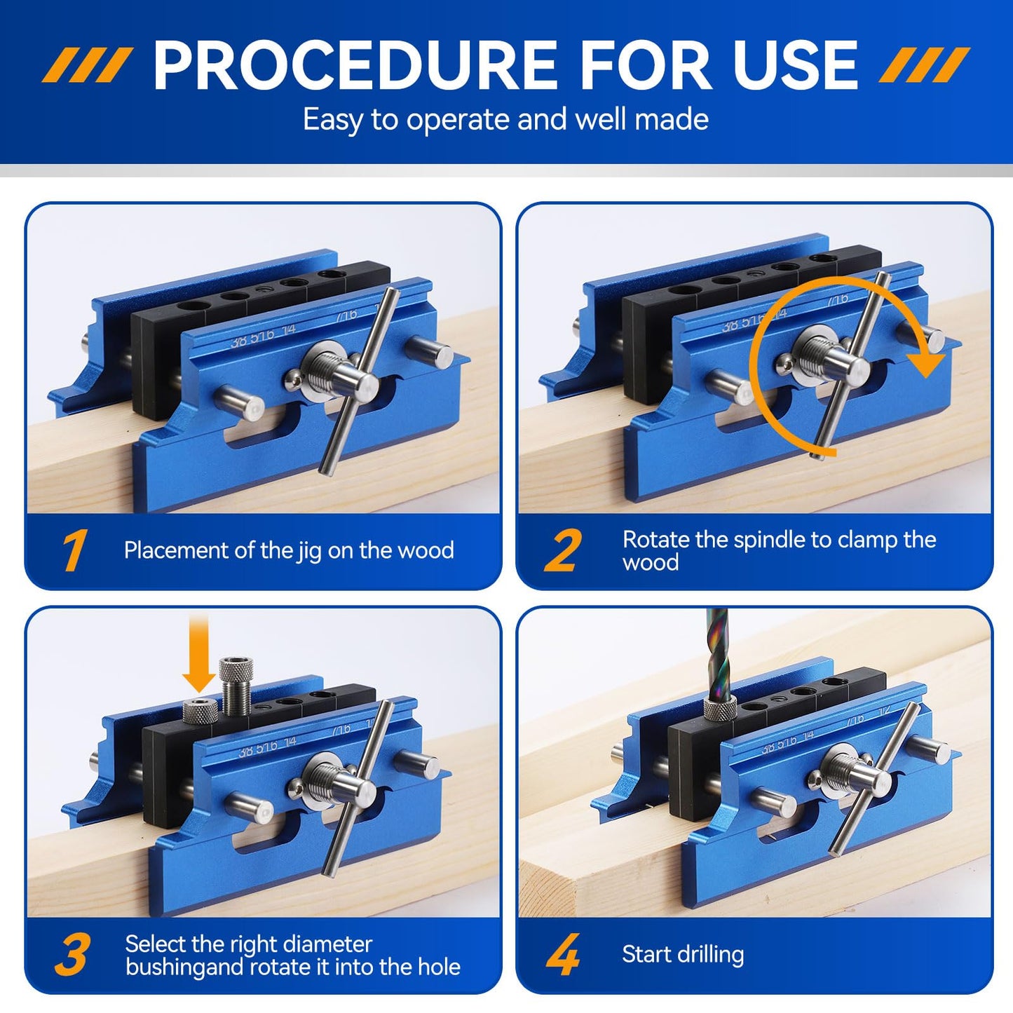 Self Centering Doweling Jig Kit,Adjustable Width Dowel Jig for Straight Holes,Adjustable Drilling Guide Wood Working Tools with 6 Drill Guide Bushings, Wood Doweling for Woodworking（Blue）